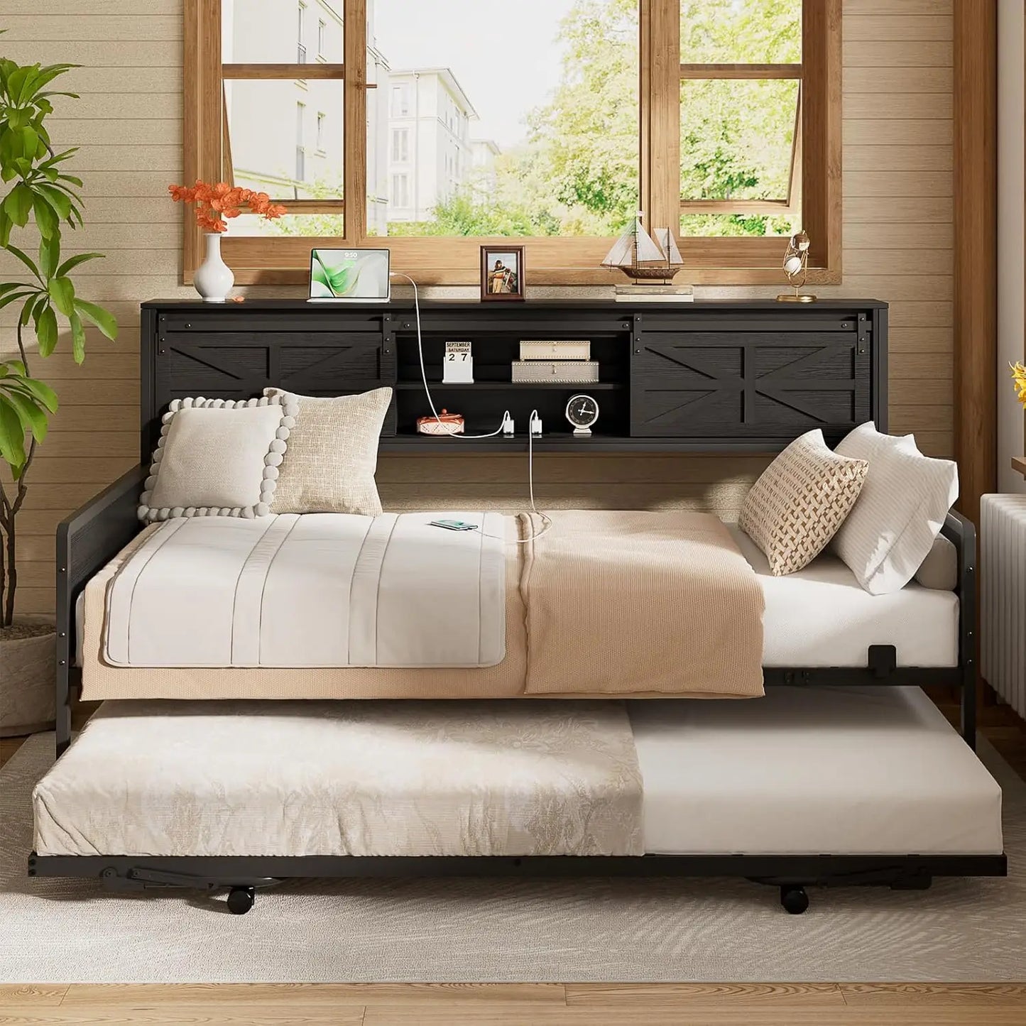 Farmhouse Twin Daybed with Pop Up Trundle, Bookcase Headboard, Charging Station & Metal Sofa Bed, Customized