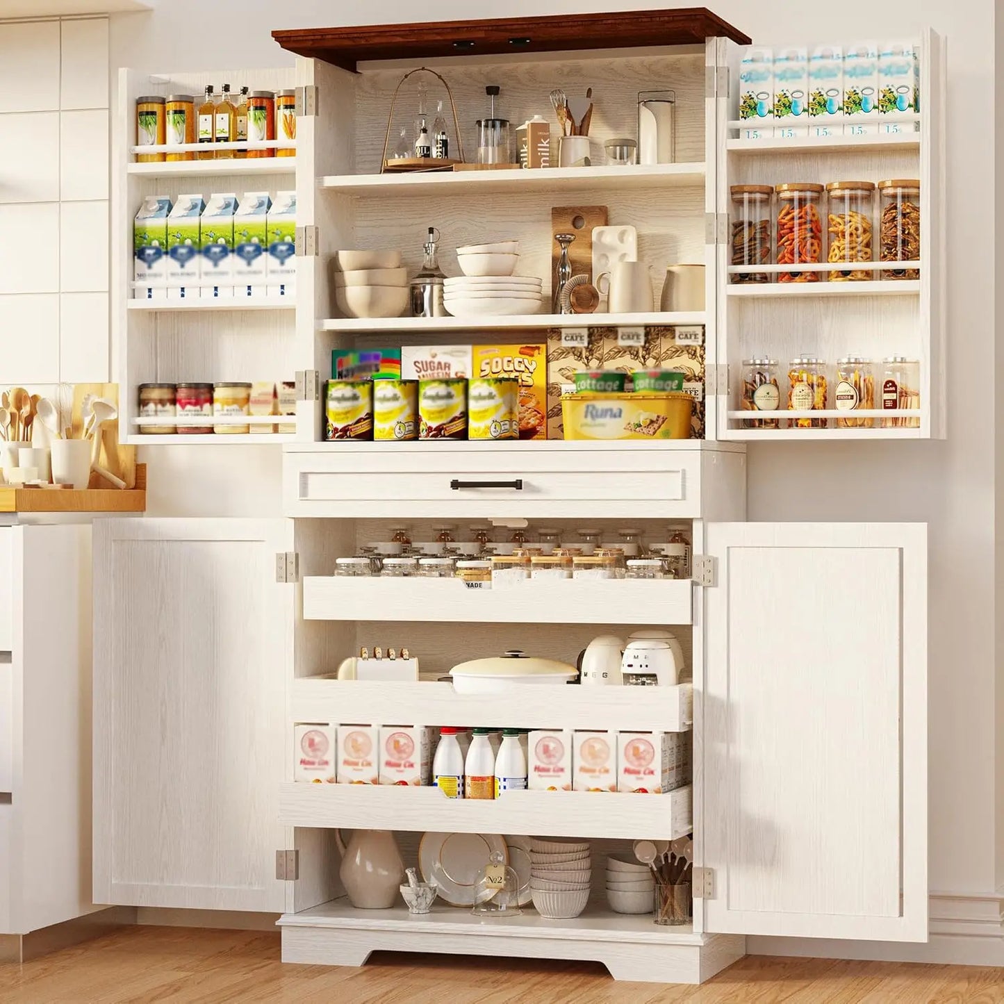 Farmhouse Pantry Cabinet, 72" Tall Kitchen Storage Cabinet, Freestanding Cupboard with Sliding Rack & 6 Hanging, Custom