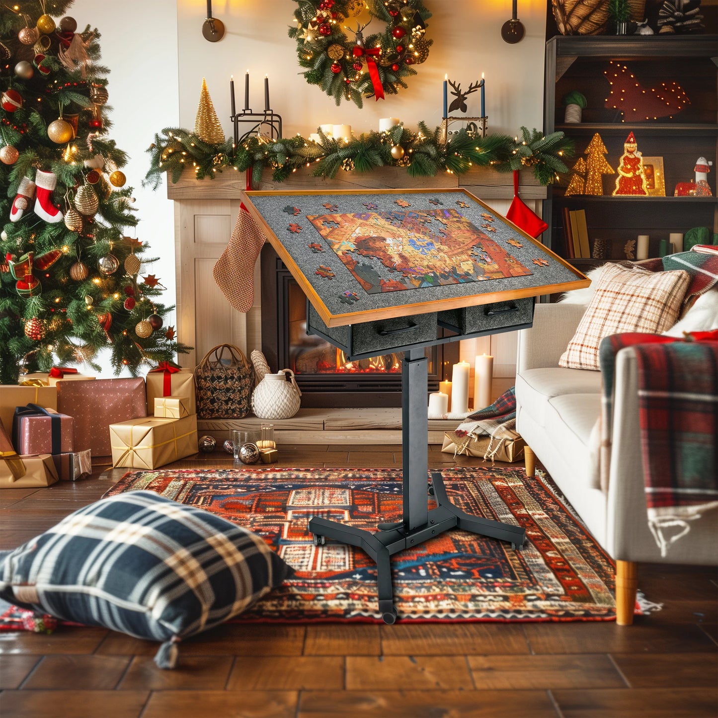 1500 Pieces Jigsaw Puzzle Table with Wheels and Drawers, Adjustable Height & Tilt Angle for Adults Indoor Game Ideal Gift