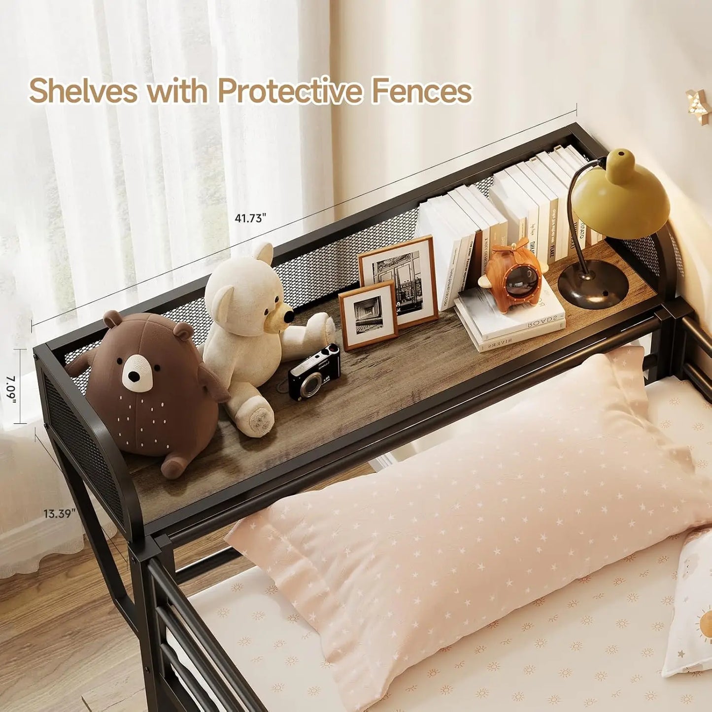 Bunk Bed Twin Over Twin, Metal Bunk Beds with Power Outlets & Desk, Heavy-Duty Bunkbeds Frame with Safety Guardrail, Customized