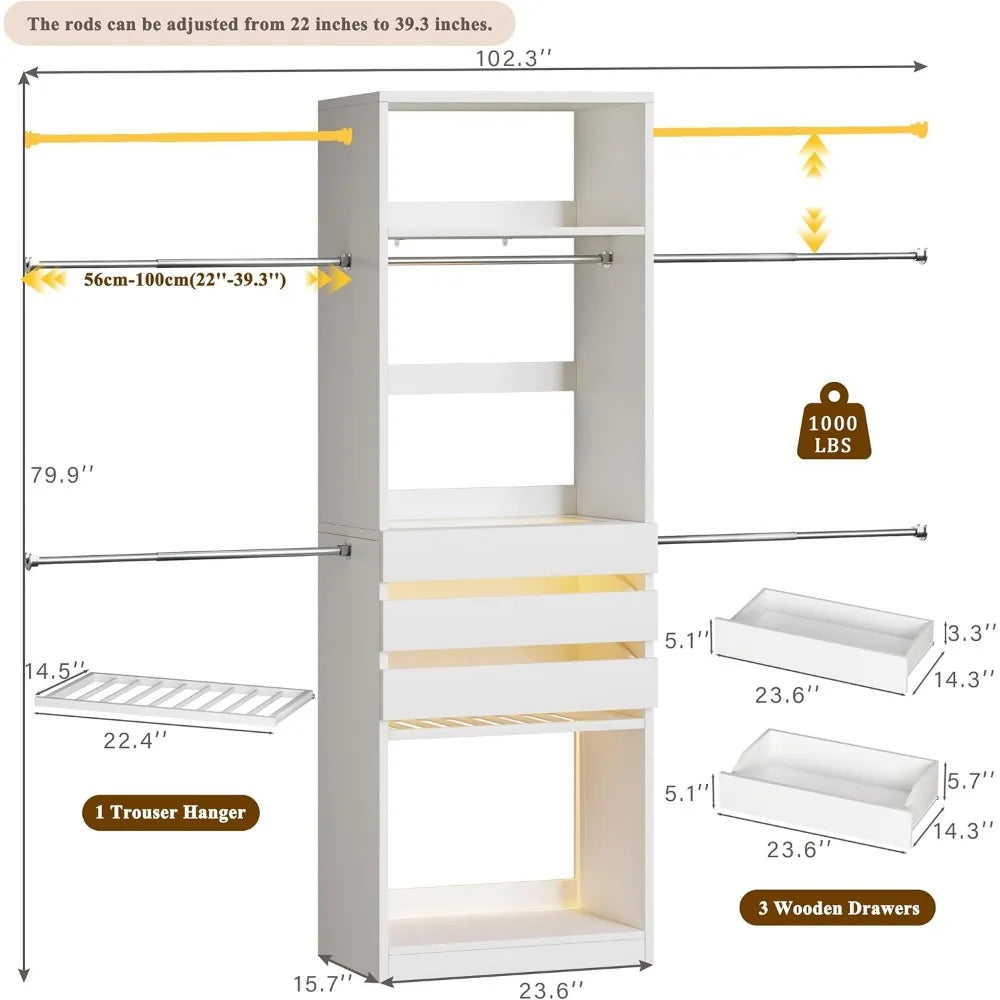 Closet System, 4-8FT Closet Organizer with 3 Wood Drawers & Glass Top, 102'' Walk in Closet with 5 Hang Rods，Customized