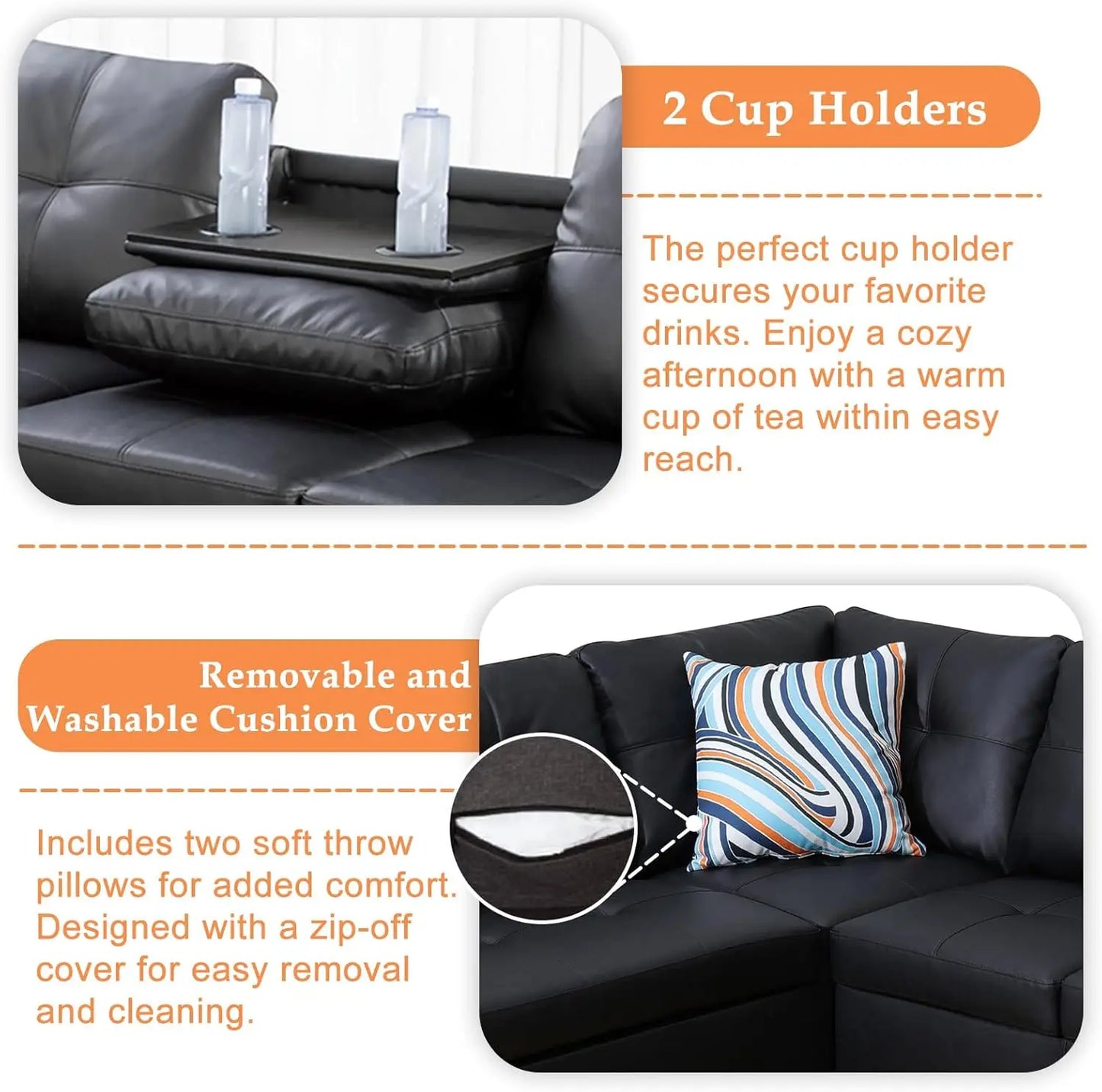 Sectional Sofa Couch, Modern 4-Seaters Living Room Furniture Sets with Chaise Lounge, Ottoman & 2 Pillows, Black