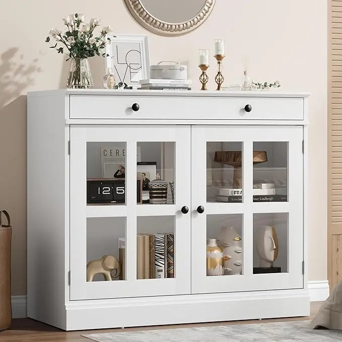 35.4" Oak Sideboard Buffet Cabinet with Glass Door & Drawer & Adjustable Shelf,Modern Storage Buffets & Sideboards for Kitchen