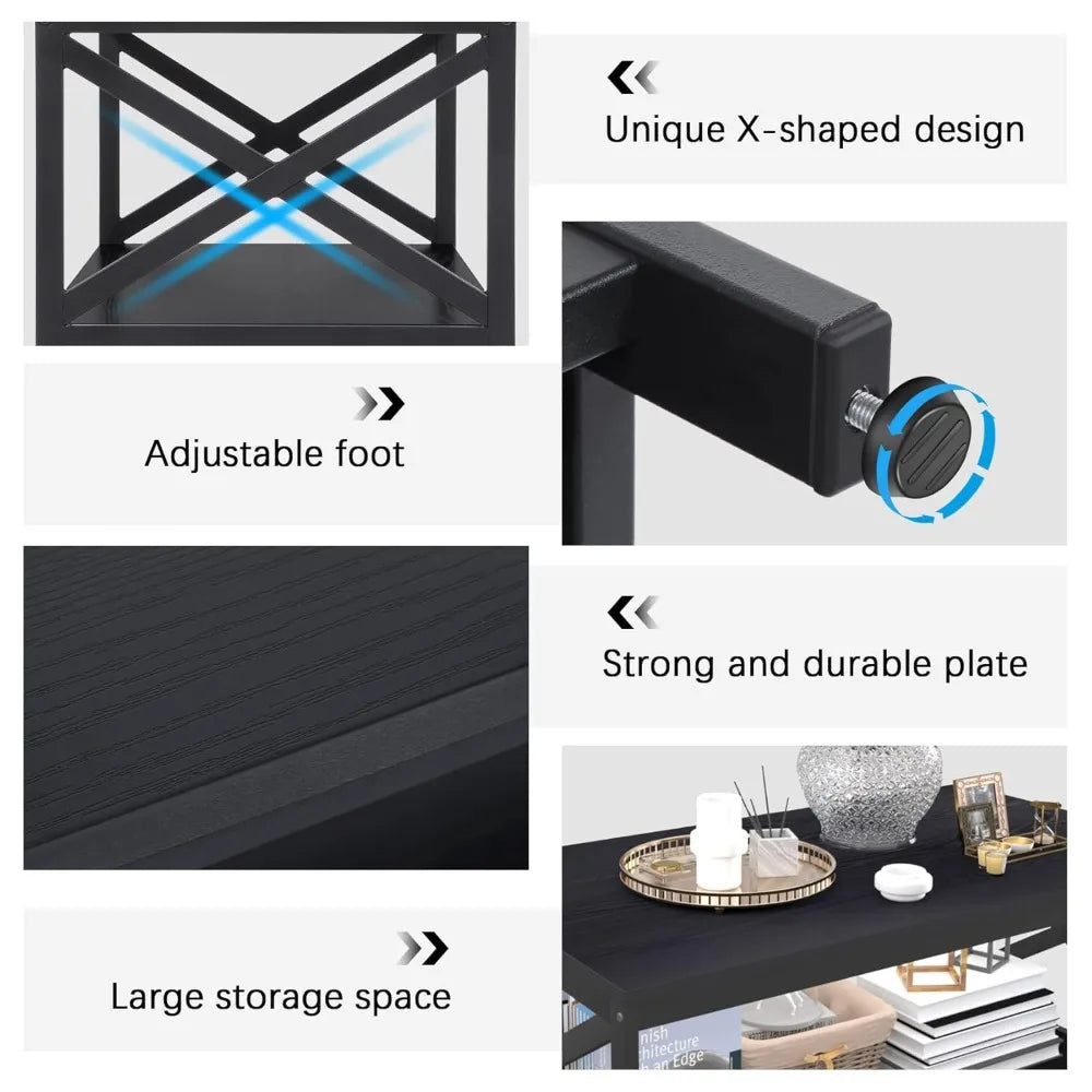 Living Room Coffee Table Set of 3, Industrial X-Design Coffee Table and 2 End Side Tables, 3 Piece Living Room Table Set