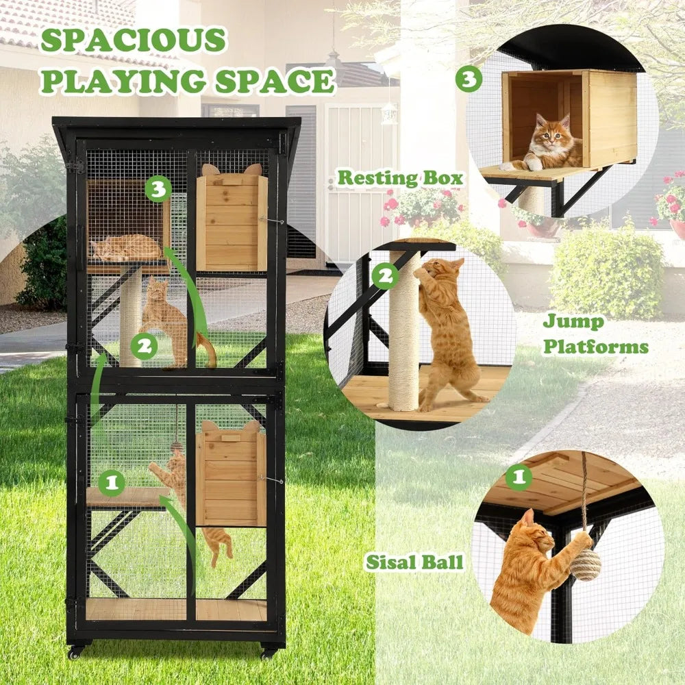 Grepatio Catio Outdoor Cat Enclosure, 4 Tiers Cat House with Waterproof Roof, Indoor Cat Cage with Wheels and Removable Floor, L