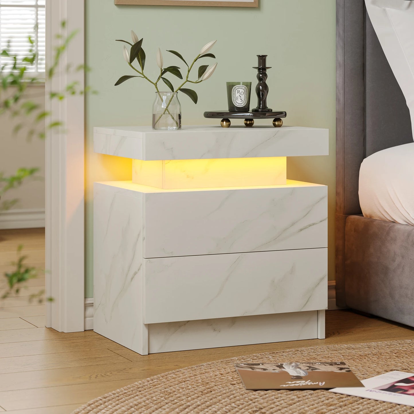 Cubehom LED Nightstands with 2 Drawers, End Table with RGB LED Lights for Bedroom Living Room, White Bedside Table