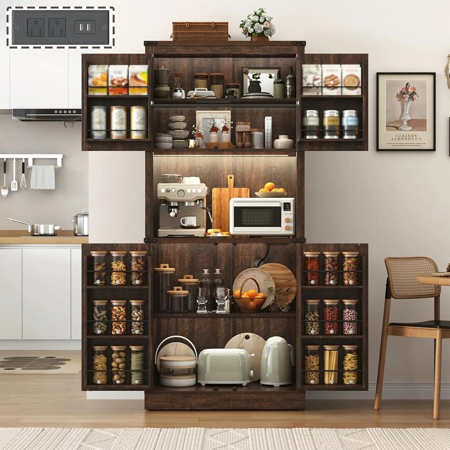 72" Tall Farmhouse Kitchen Pantry Cabinet with LED Light and Power Outlet,Modern Farmhouse Kitchen Storage Cabinet w, Custom