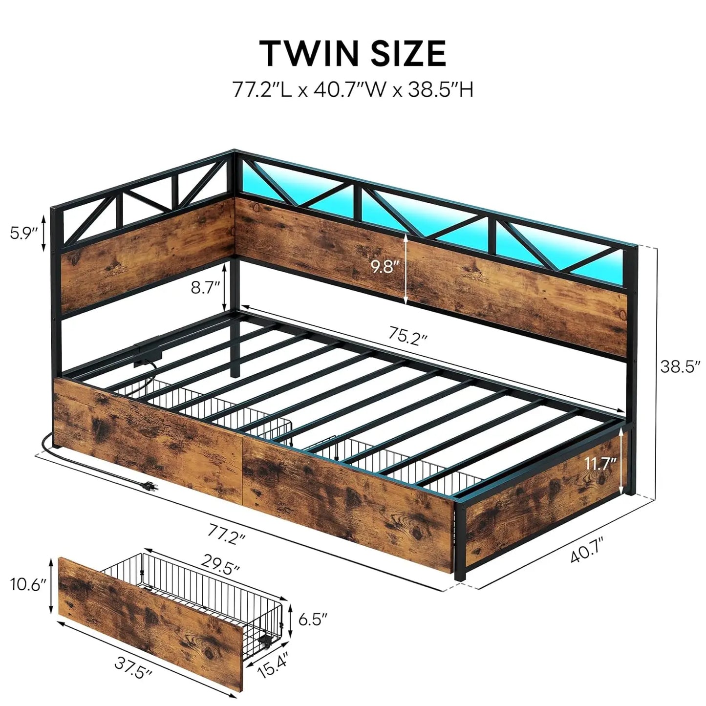 Twin Daybed with Storage Drawers and Charging Station, Corner Bed Frames with Headboard and LED Lights, Industrial, Customized