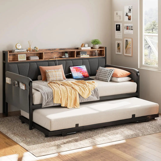 LIKIMIO Daybed with Trundle Bed, Twin Bed Frame with Upholstered Storage Headboard&Charging Station,Sofa Day Bed for Bedroom