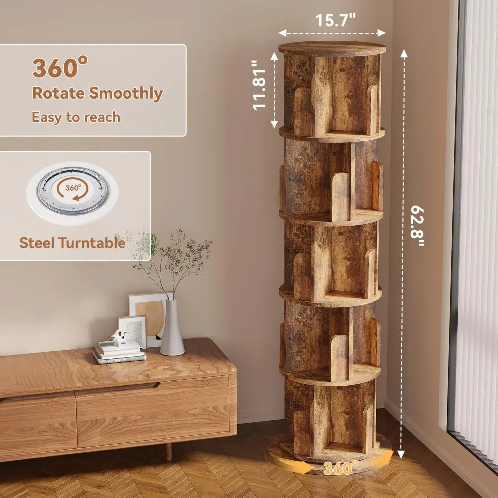 Exclusive Rotating Bookshelf, 360 Display 5 Tier, Small Corner Bookshelf for Small Space, Floor Standing Bookcase Storage Rack,