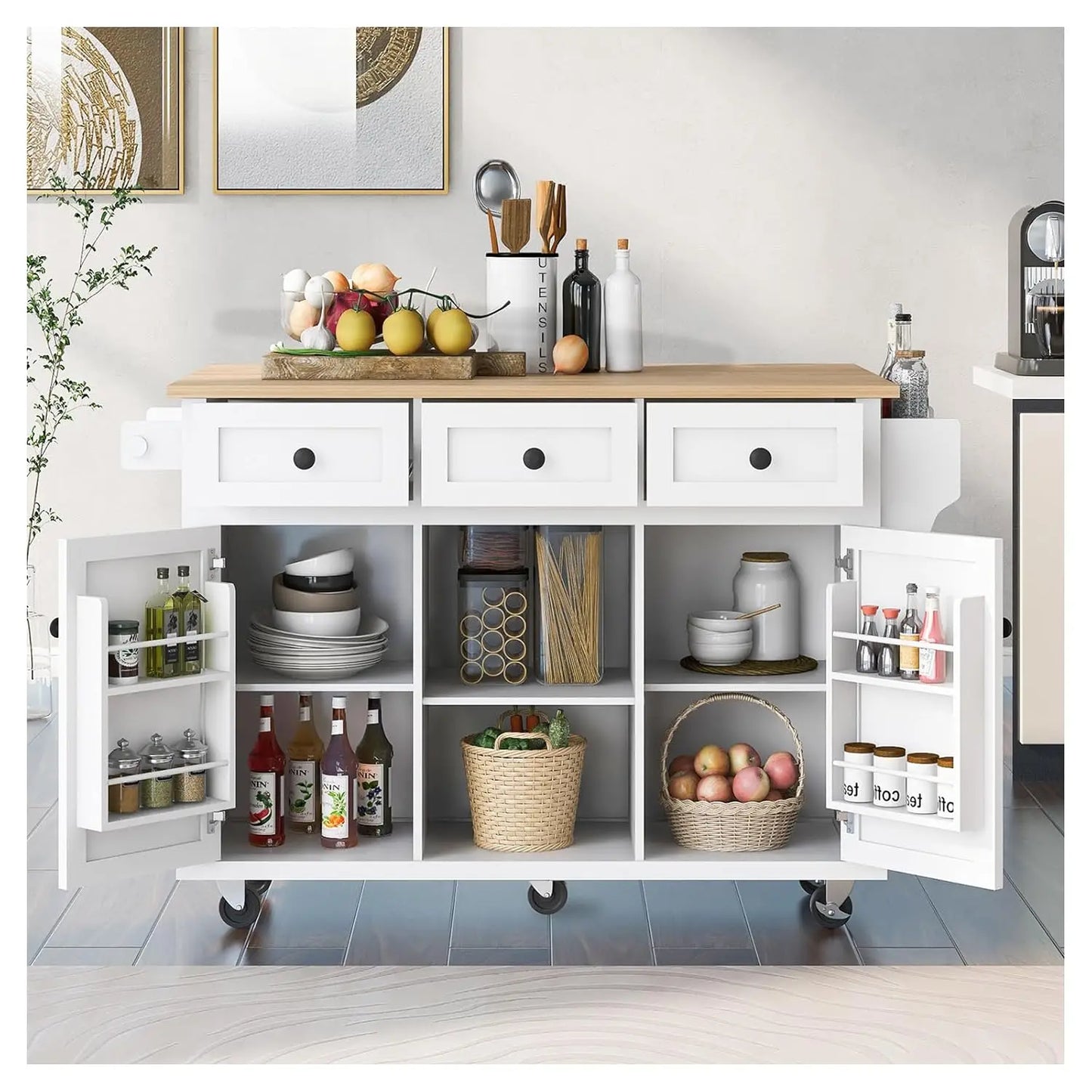 53" Rolling Kitchen Island, Drop Leaf & Power Outlet, 3 Drawers & 2 Cabinets, Mobile Kitchen Cart on 5 Lockable Wheels,, Custom