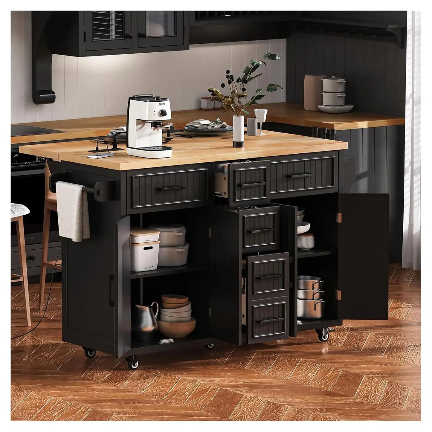 53" Rolling Kitchen Island, Drop Leaf & Power Outlet, 3 Drawers & 2 Cabinets, Mobile Kitchen Cart on 5 Lockable Wheels,, Custom