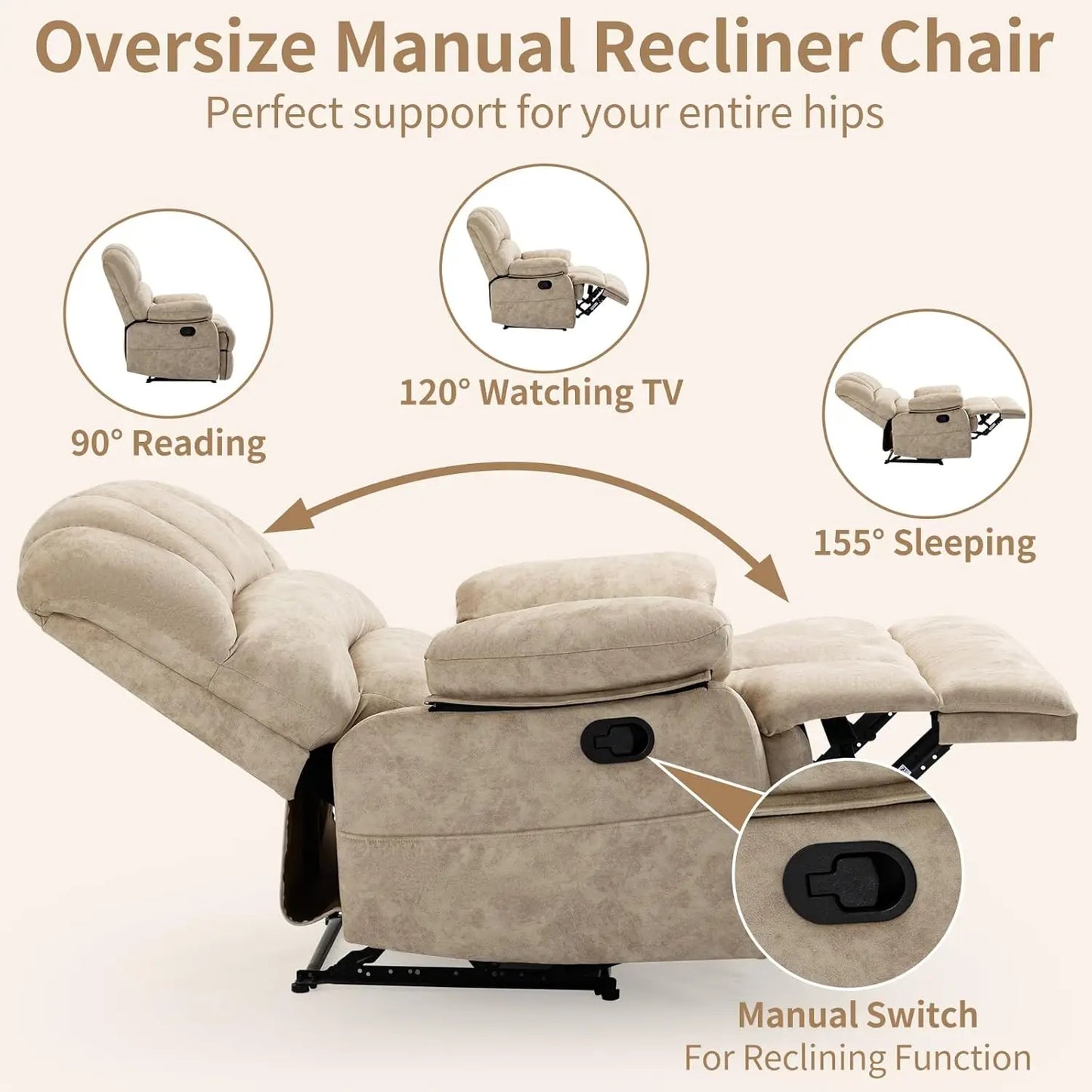 Manual Recliner Chair for Living Room, Single Sofa Recliners for Adults 350LBS, Heavy Duty Reclining Max 155, Customized