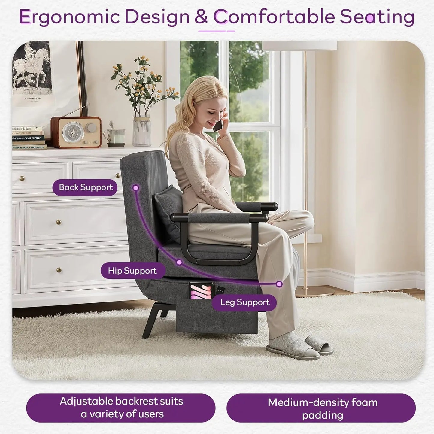 Convertible Sleeper Chair Bed 5-in-1 Adjustable Backrest Side Pockets Pillow Small Space Office Dark Grey Customized
