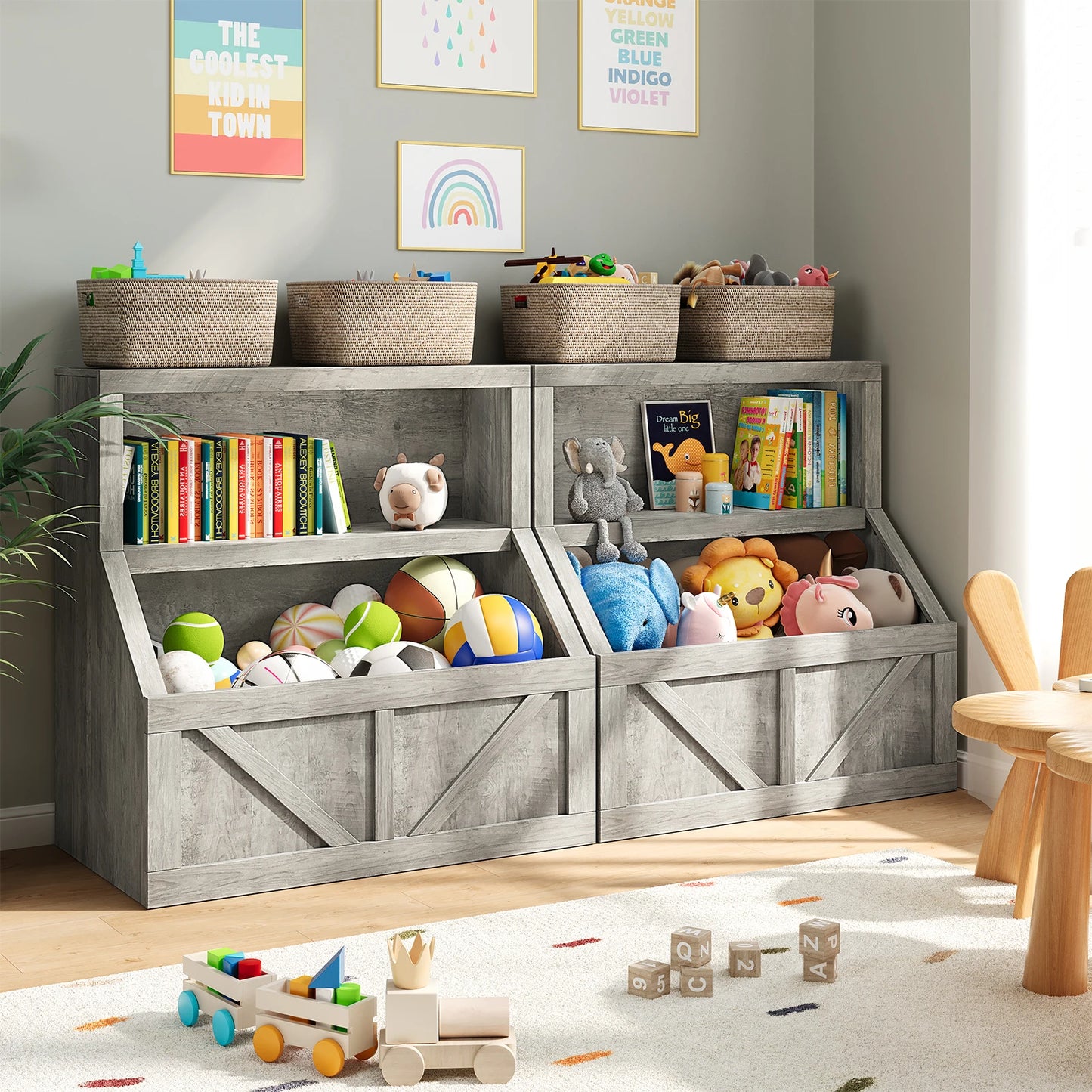 Kids Bookshelf Wooden Toy Storage Organizer with Cubby Toddler Bookcases for Playroom Children's Room Bedroom Nursery School