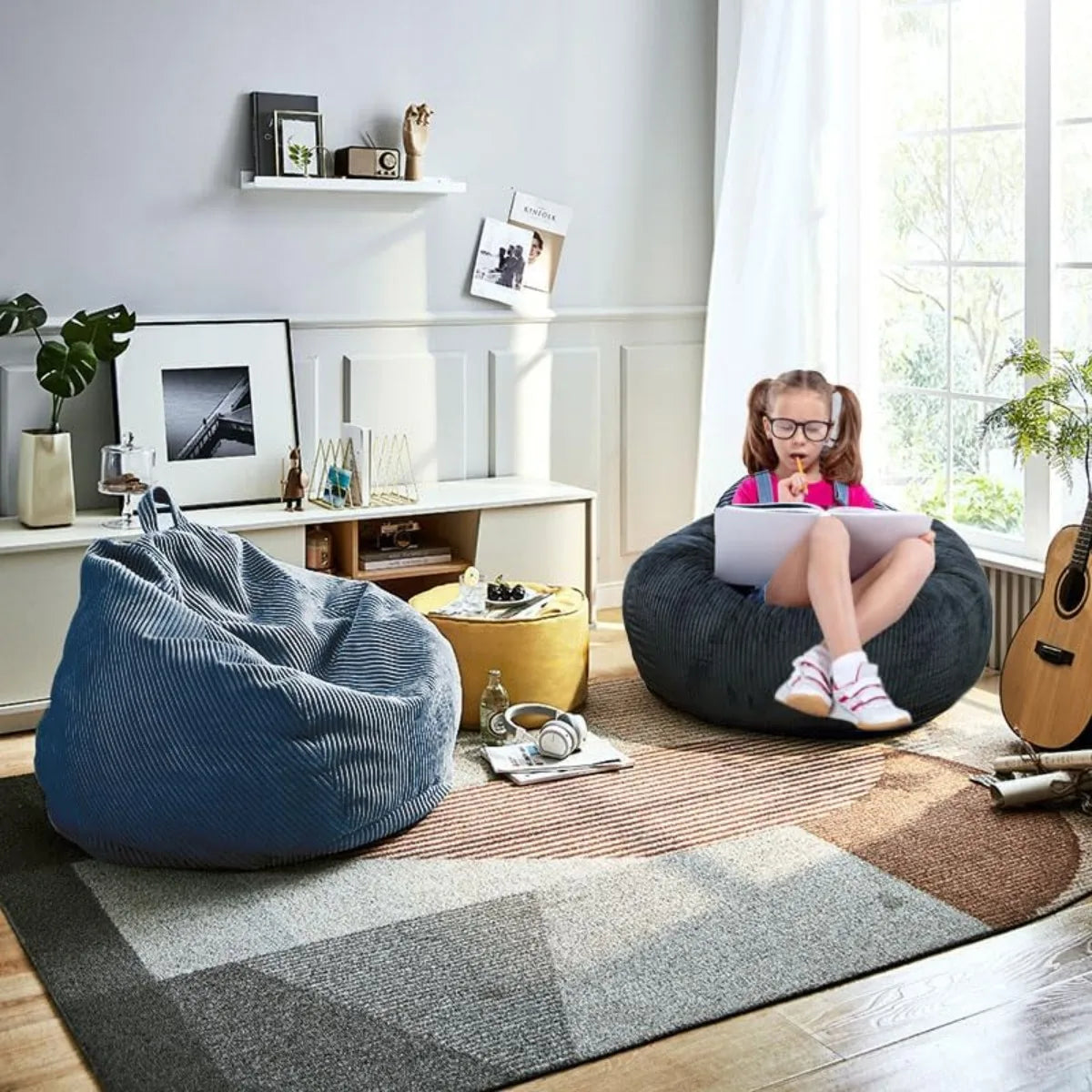 Classic Bean Bag Chair, with Faux Rabbit Fur Cover for Teens and Kids, Memory Foam Bean Bag Chairs, Ultra Soft Faux Fur Fabric,