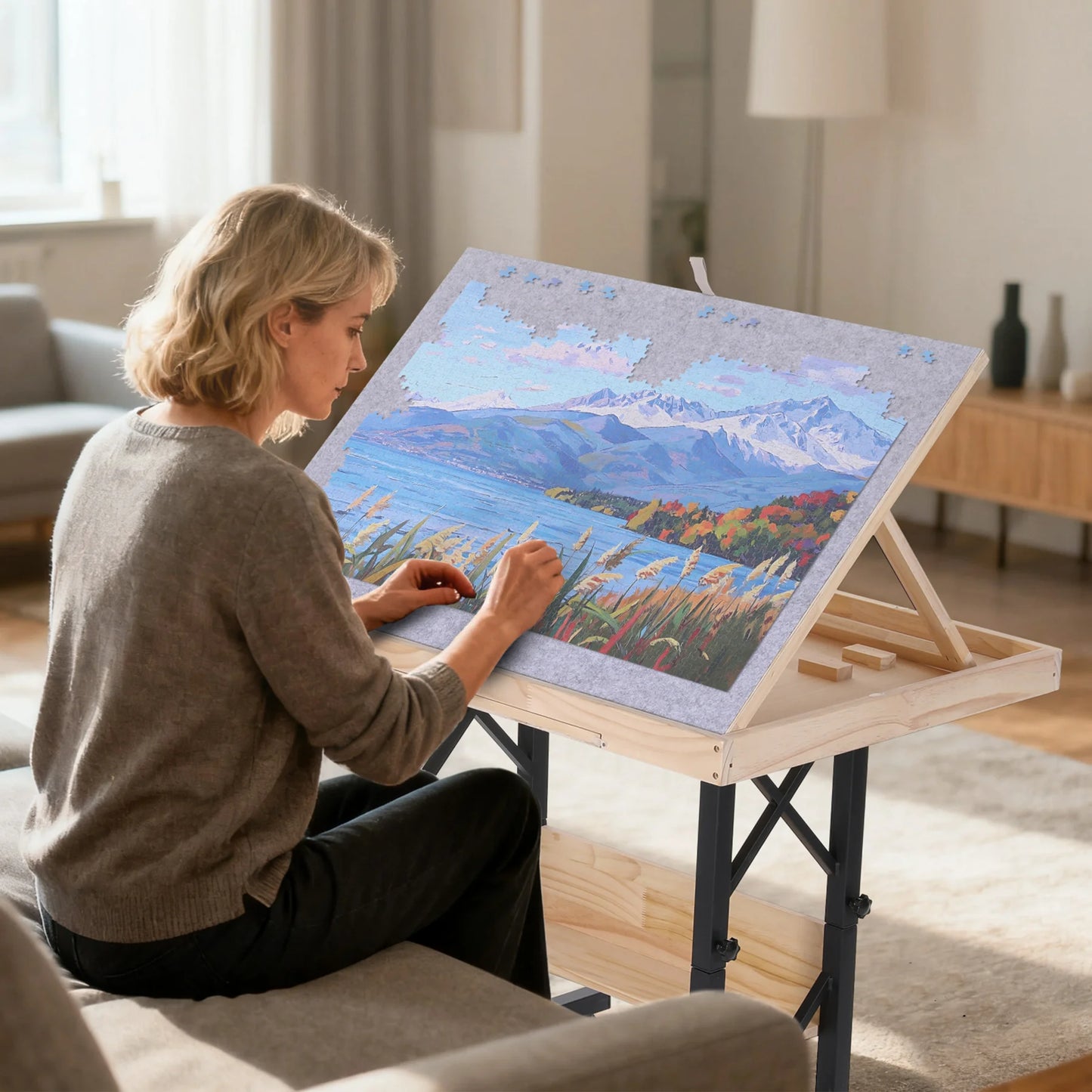 Jigsaw Puzzle Table with Legs Adjustable 5-Tilting-Angle Board with 6 Drawers Cover 35 x 26 Wooden Puzzle Board with 4 Wheels