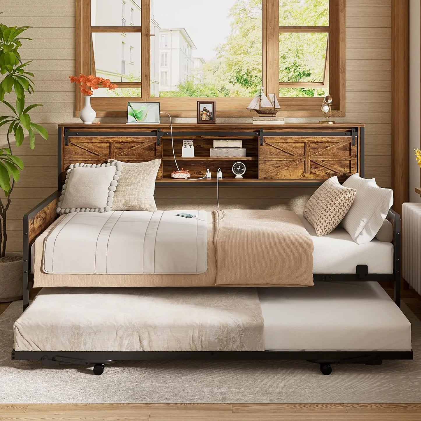 Farmhouse Twin Daybed with Pop Up Trundle, Bookcase Headboard, Charging Station & Metal Sofa Bed, Customized