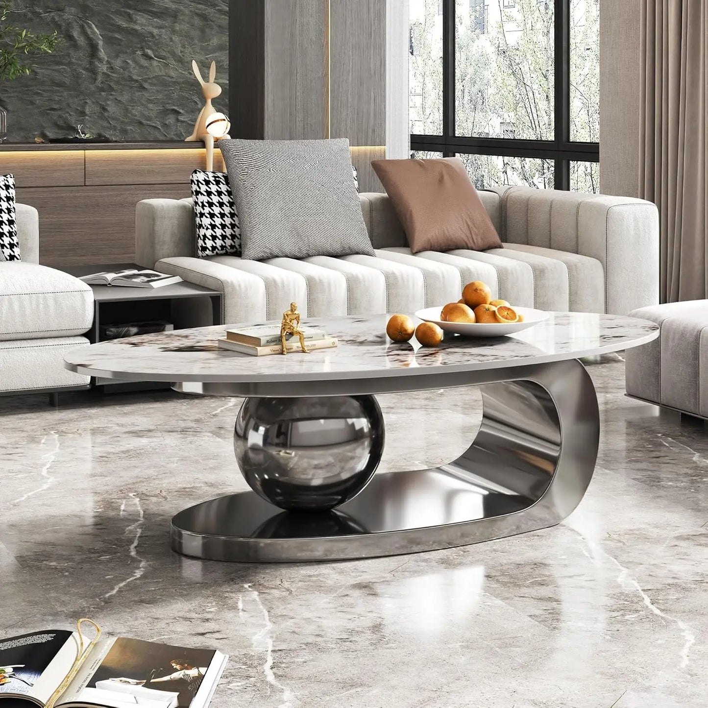 Modern Coffee Table with Silver Stainless Steel Pedestal,Oval Living Room Table with Faux Marble Top & Luxury, Customized