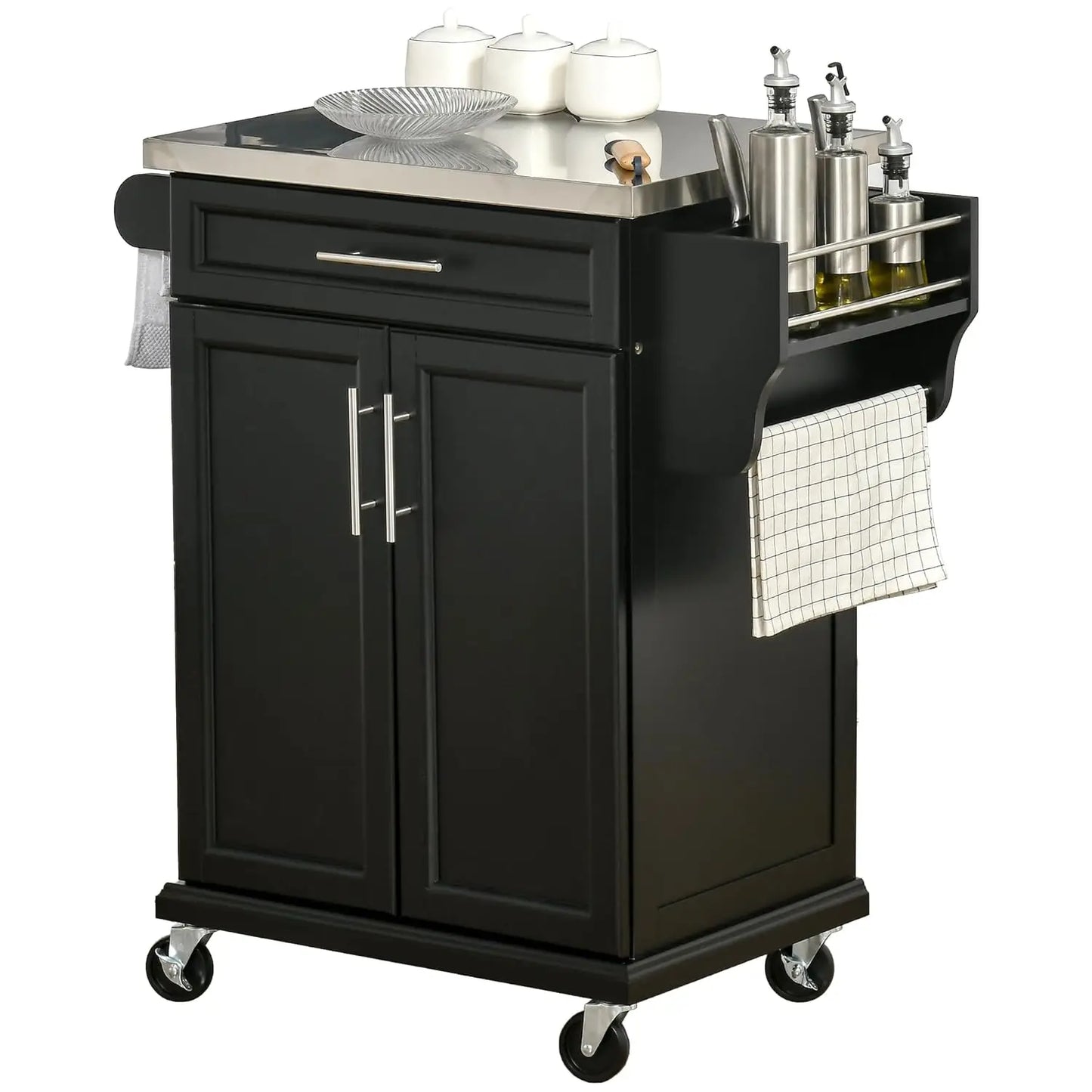 Kitchen Island on Wheels, Rolling Kitchen Cart with Stainless Steel Countertop, Drawer, Towel Rack and Spice Rack,, Customized