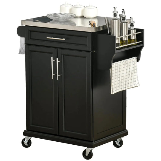 Kitchen Island on Wheels, Rolling Kitchen Cart with Stainless Steel Countertop, Drawer, Towel Rack and Spice Rack,, Customized