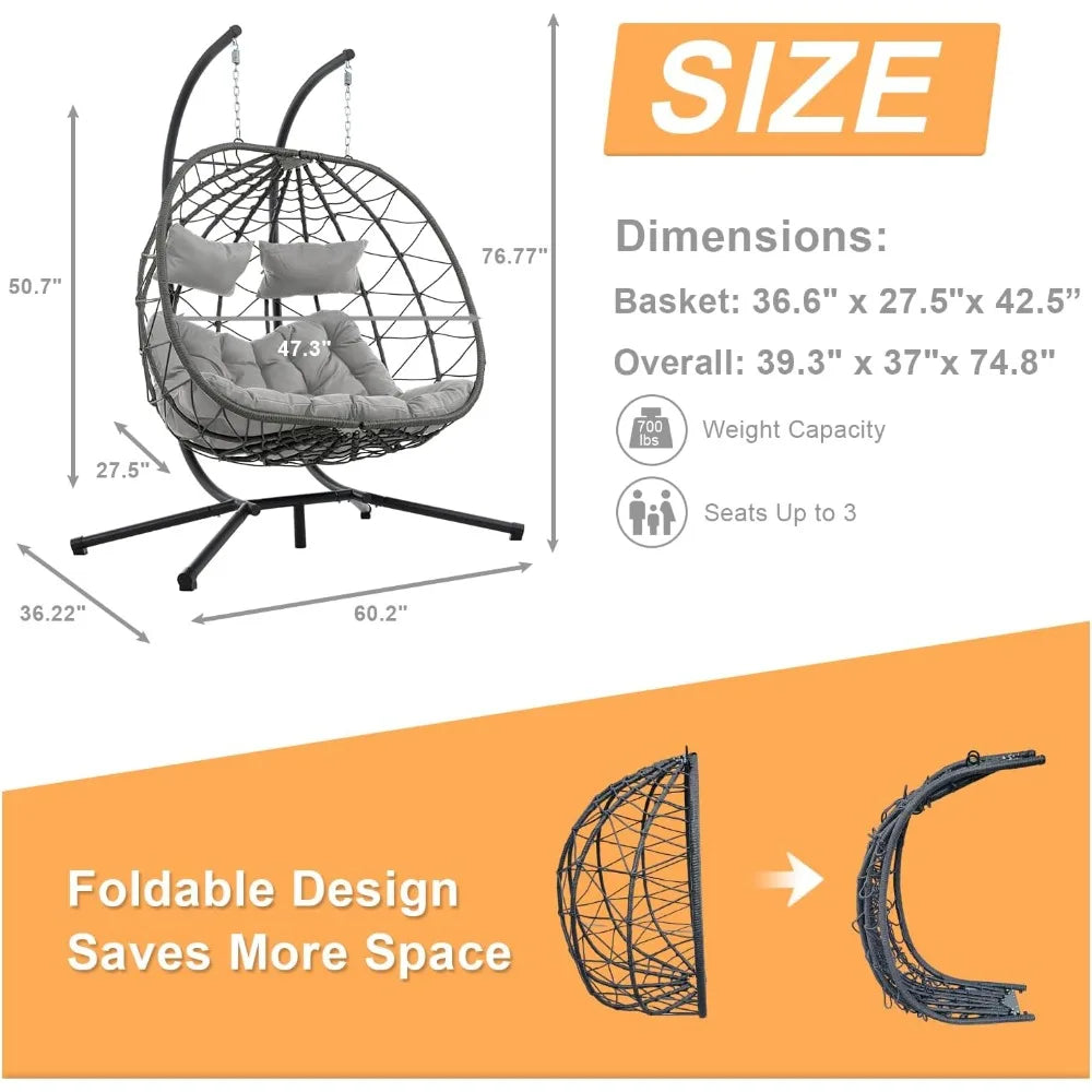 2-person Double Egg Swing Chair, Outdoor Hammock Egg Chair, Terrace Wicker Egg Chair with Cushion