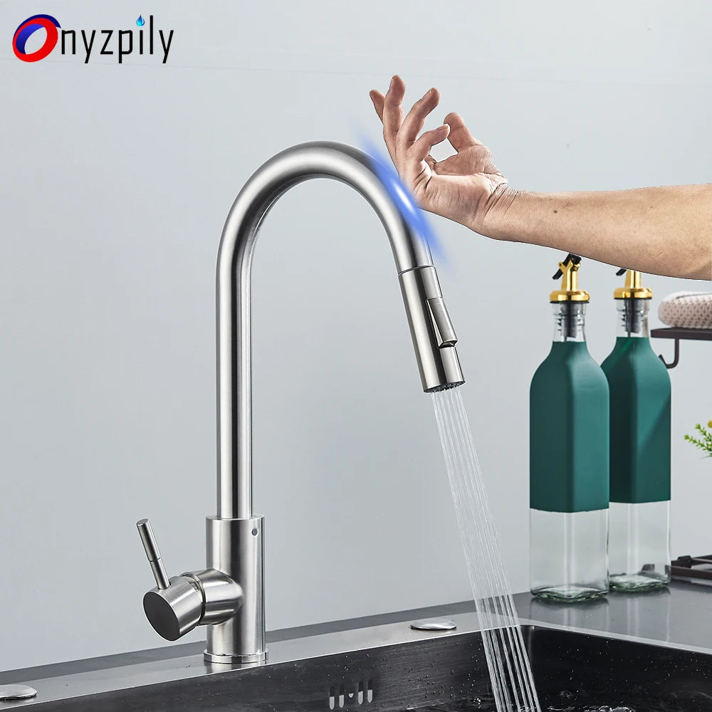 Brushed Smart Touch On Kitchen Faucet Sensor 360 Rotation Pull Out Single Handle Mixer Tap Two Water Modes Sink Crane Hot Cold