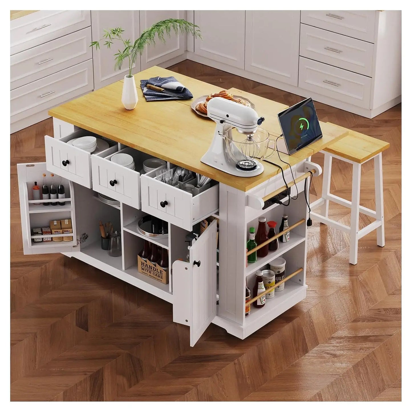 53" Rolling Kitchen Island, Drop Leaf & Power Outlet, 3 Drawers & 2 Cabinets, Mobile Kitchen Cart on 5 Lockable Wheels,, Custom