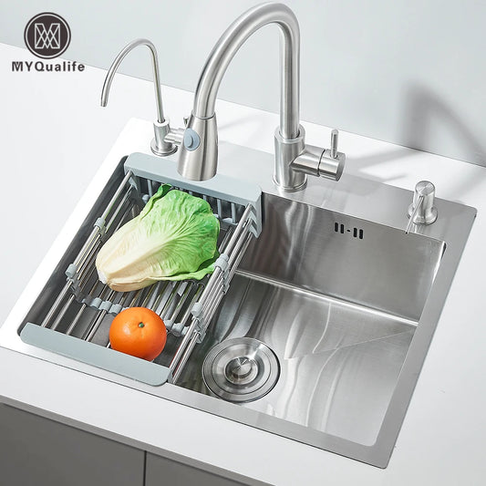 Stainless Steel Kitchen Sink with Faucet Drinking Water Tap/Soap Dispenser 55x45cm Sink Kit with Drain Set/ Basket