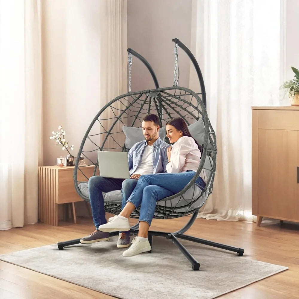 2-person Double Egg Swing Chair, Outdoor Hammock Egg Chair, Terrace Wicker Egg Chair with Cushion