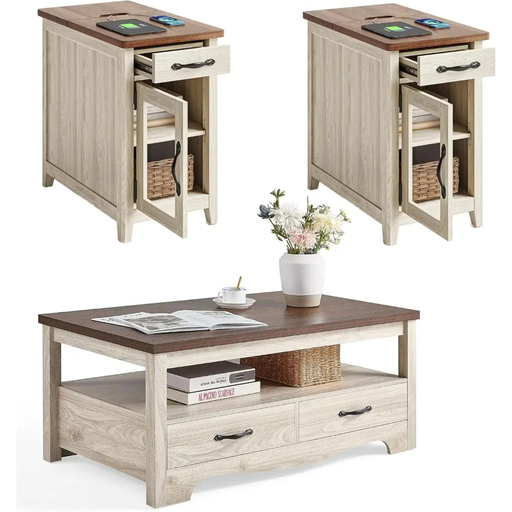 Farmhouse Coffee Table Sets 3 Pieces, Wood Living Room Table Set Include 41" Coffee Table, End Table Set of 2
