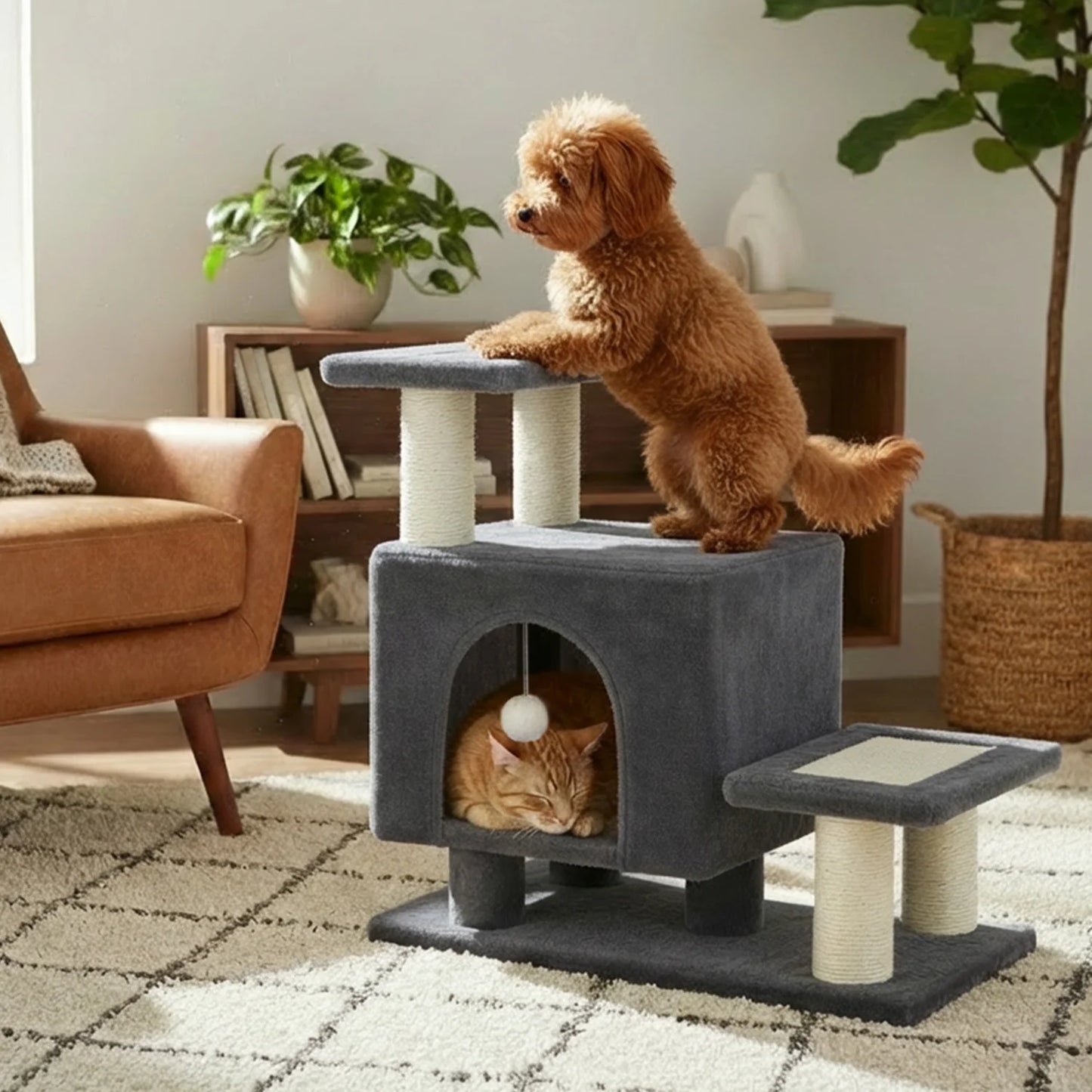 3-Tier Dog Stairs, Removable Pet Stairs for Small Dogs and Cats, Multifunctional Cat Bed House with Scratching Posts, Cat Condo
