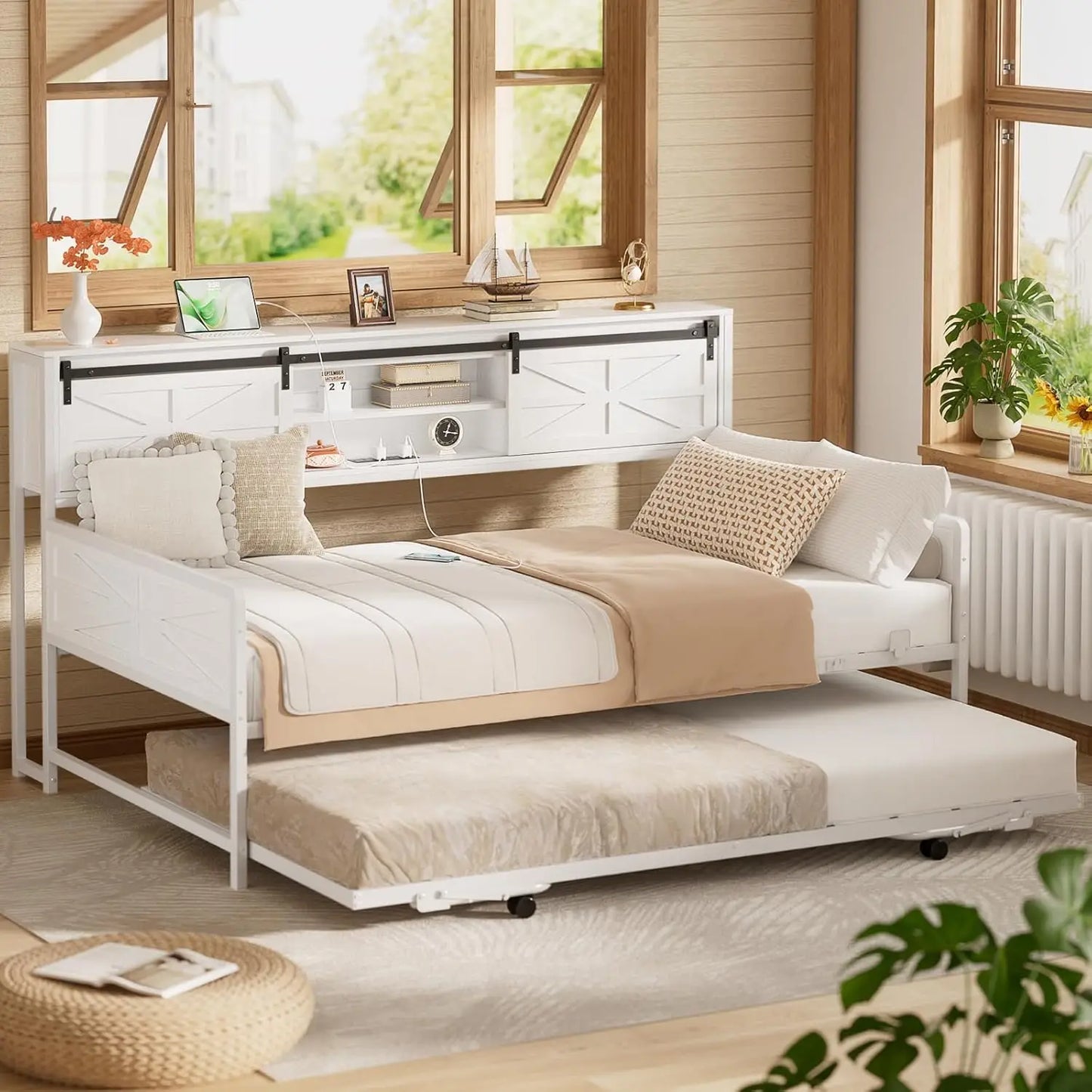 Farmhouse Twin Daybed with Pop Up Trundle, Bookcase Headboard, Charging Station & Metal Sofa Bed, Customized