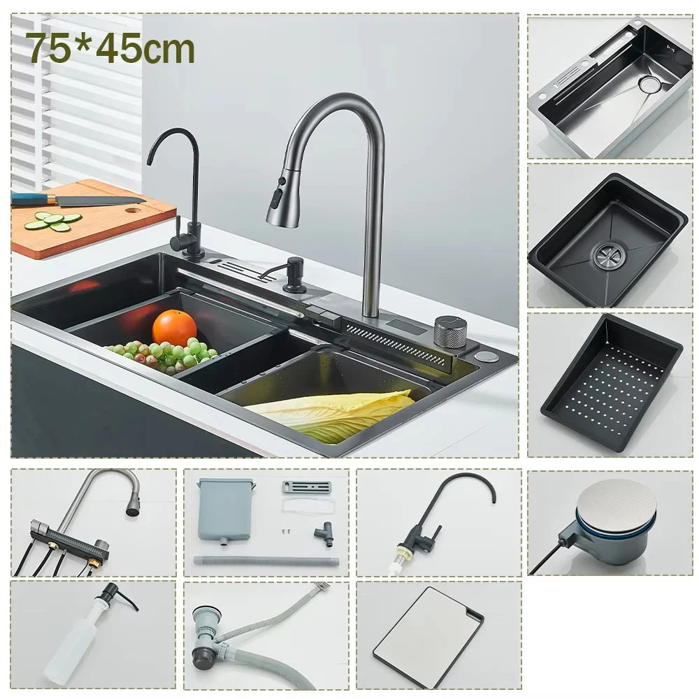 304 Stainless Steel Kitchen Waterfall Sink Digital Display Large Single Sink Dish Basin Sink With Multifunction Touch Waterfall