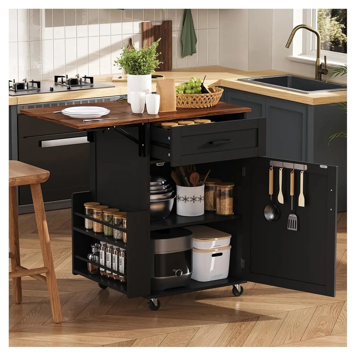53" Rolling Kitchen Island, Drop Leaf & Power Outlet, 3 Drawers & 2 Cabinets, Mobile Kitchen Cart on 5 Lockable Wheels,, Custom