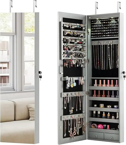 Wall Door Mounted Jewelry Armoire with 47.5 Full Length Mirror & 2 LED Lights, Large Storage Capacity, Lockable Mirror