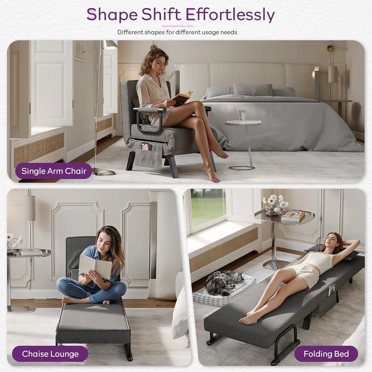 Convertible Sleeper Chair Bed 5-in-1 Adjustable Backrest Side Pockets Pillow Small Space Office Dark Grey Customized