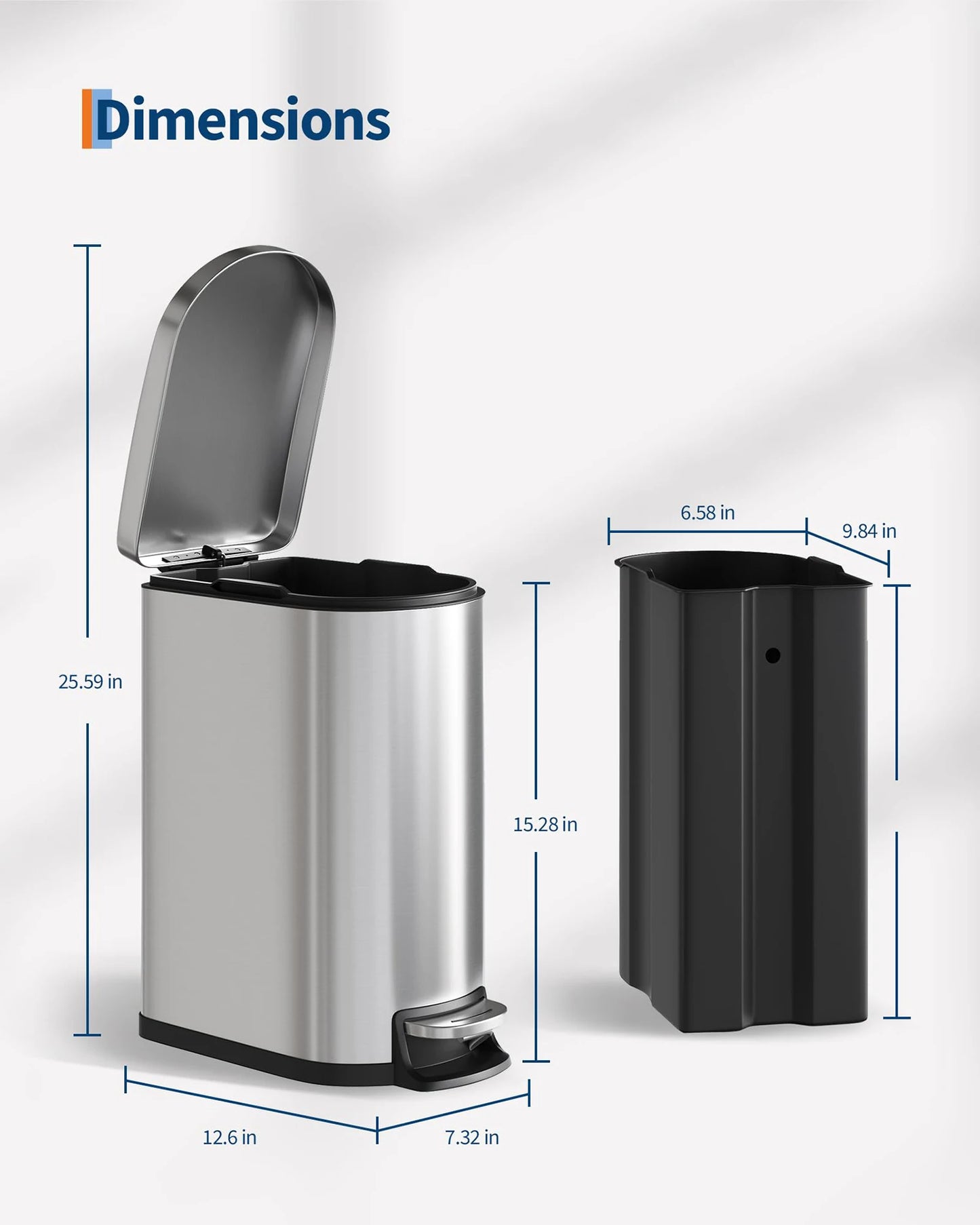 Durable Step-On Kitchen Trash Can Combo Set 50L+10L Stainless Steel Garbage Bins w/Removable Inner Buckets for Kitchen Bathroom