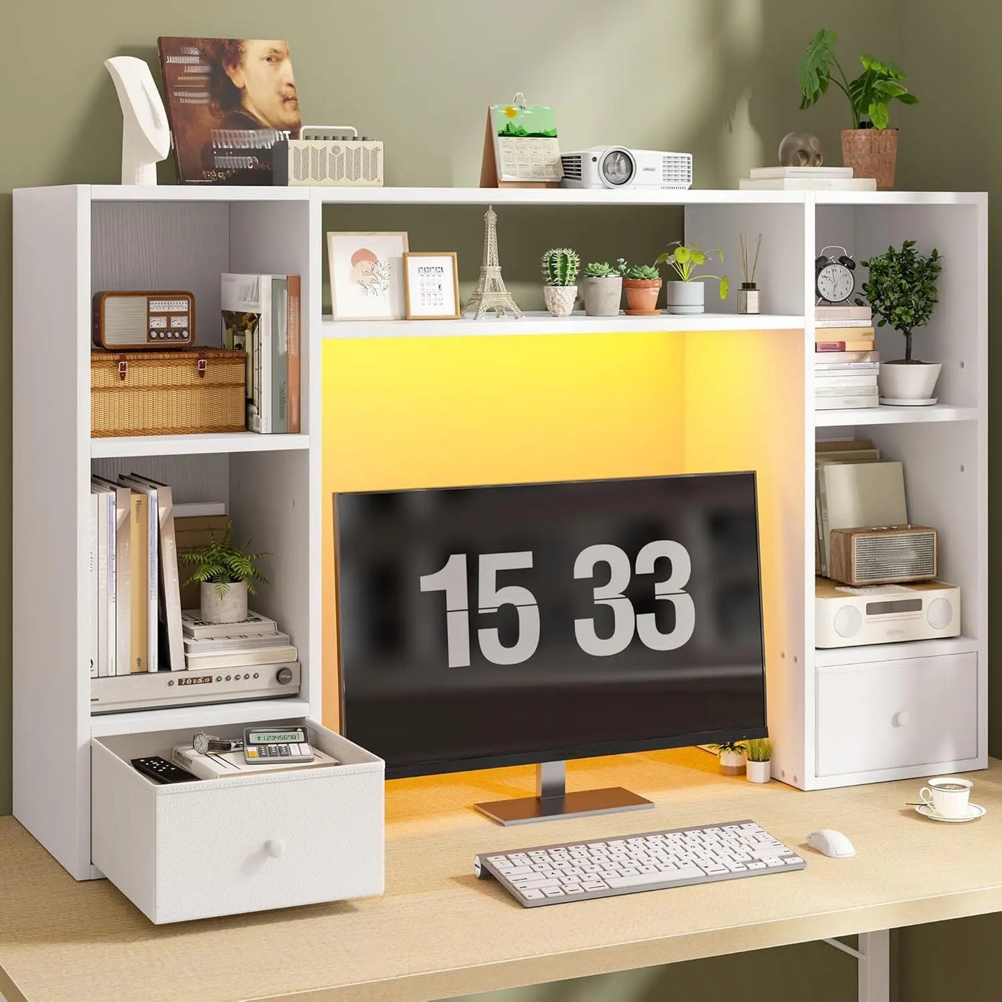 Desktop Bookshelf with LED Lights,47.2" Desktop Organizer with 6 Shelves and 2 Drawers for Top of Desk,Multipurpose, Customized