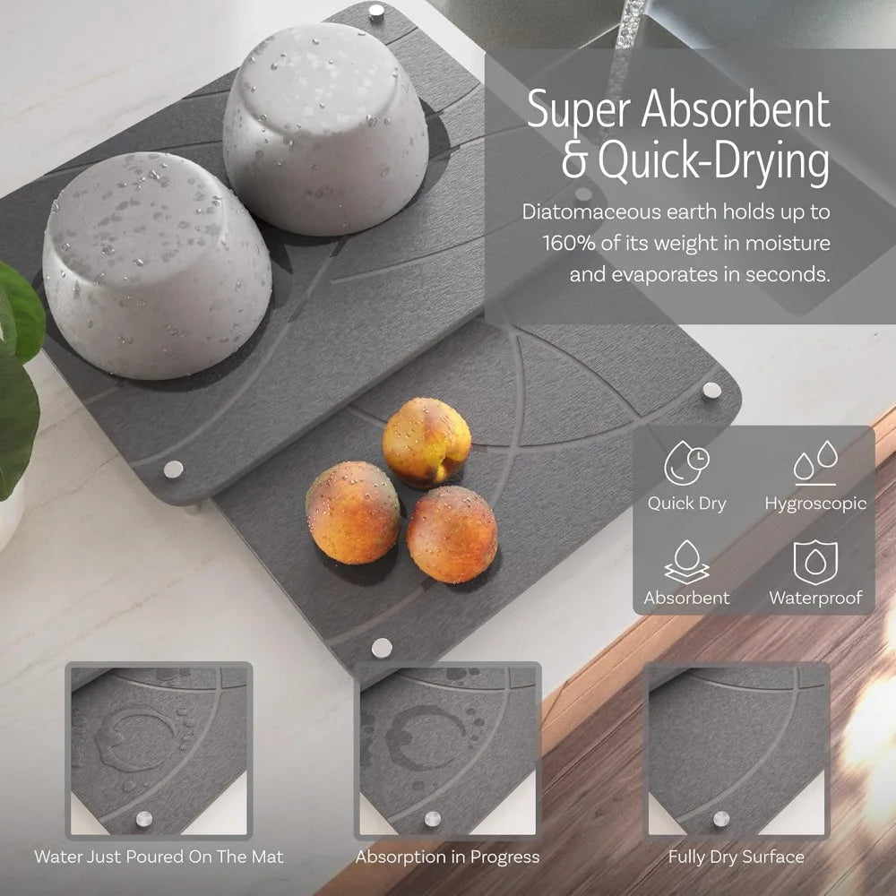 Collapsible Diatomaceous Earth Drying Mat and Bamboo Rack Set Non Slip Feet Large Kitchen Counter Dish Drainer Dark Gray