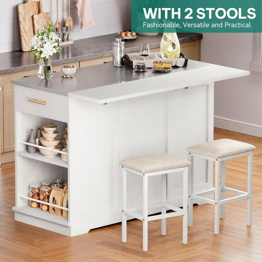 Kitchen Islands with Seating, 47" Mobile Storage Island with Trash Can, Rolling Kitchen Island Cart with Drop Lea & Stainluntert