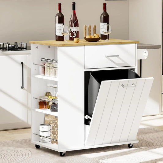 Rolling Kitchen Island with Trash Can Storage, Portable Kitchen Island on Wheels with Towel Rack & Spice Rack, Tilt Out Trash Ca