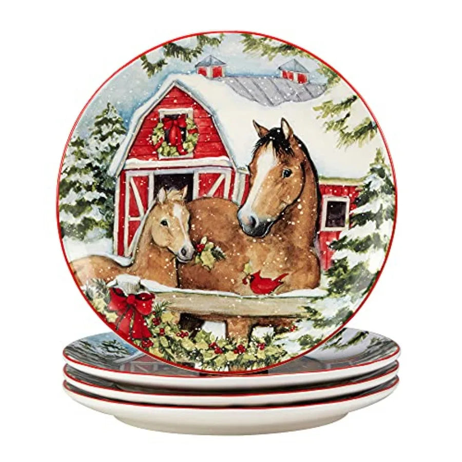 Homestead Christmas 16Piece Dinnerware Set Holiday Tableware for 4 with Festive Horse and Barn Scenes Winter Ceramic Plates Bow