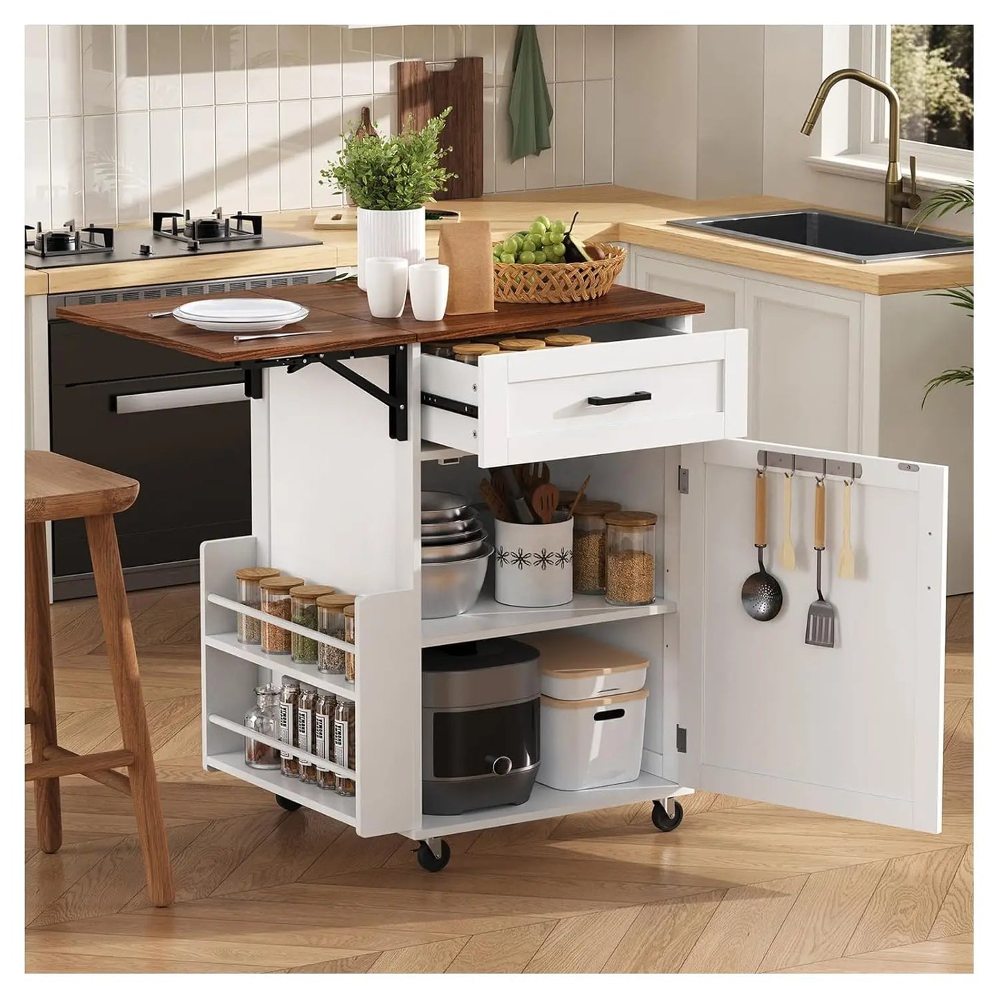 53" Rolling Kitchen Island, Drop Leaf & Power Outlet, 3 Drawers & 2 Cabinets, Mobile Kitchen Cart on 5 Lockable Wheels,, Custom