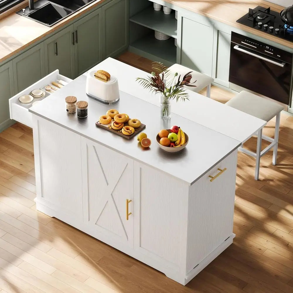 Kitchen Islands with Seating, 47" Mobile Storage Island with Trash Can, Rolling Kitchen Island Cart with Drop Lea & Stainluntert