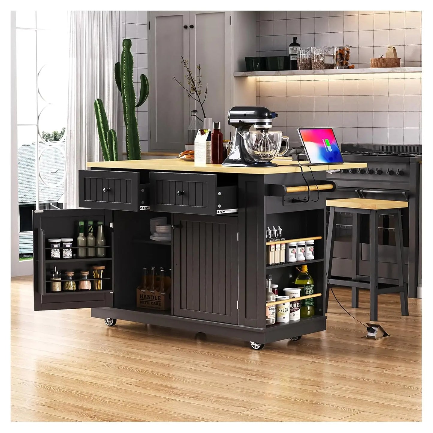 53" Rolling Kitchen Island, Drop Leaf & Power Outlet, 3 Drawers & 2 Cabinets, Mobile Kitchen Cart on 5 Lockable Wheels,, Custom