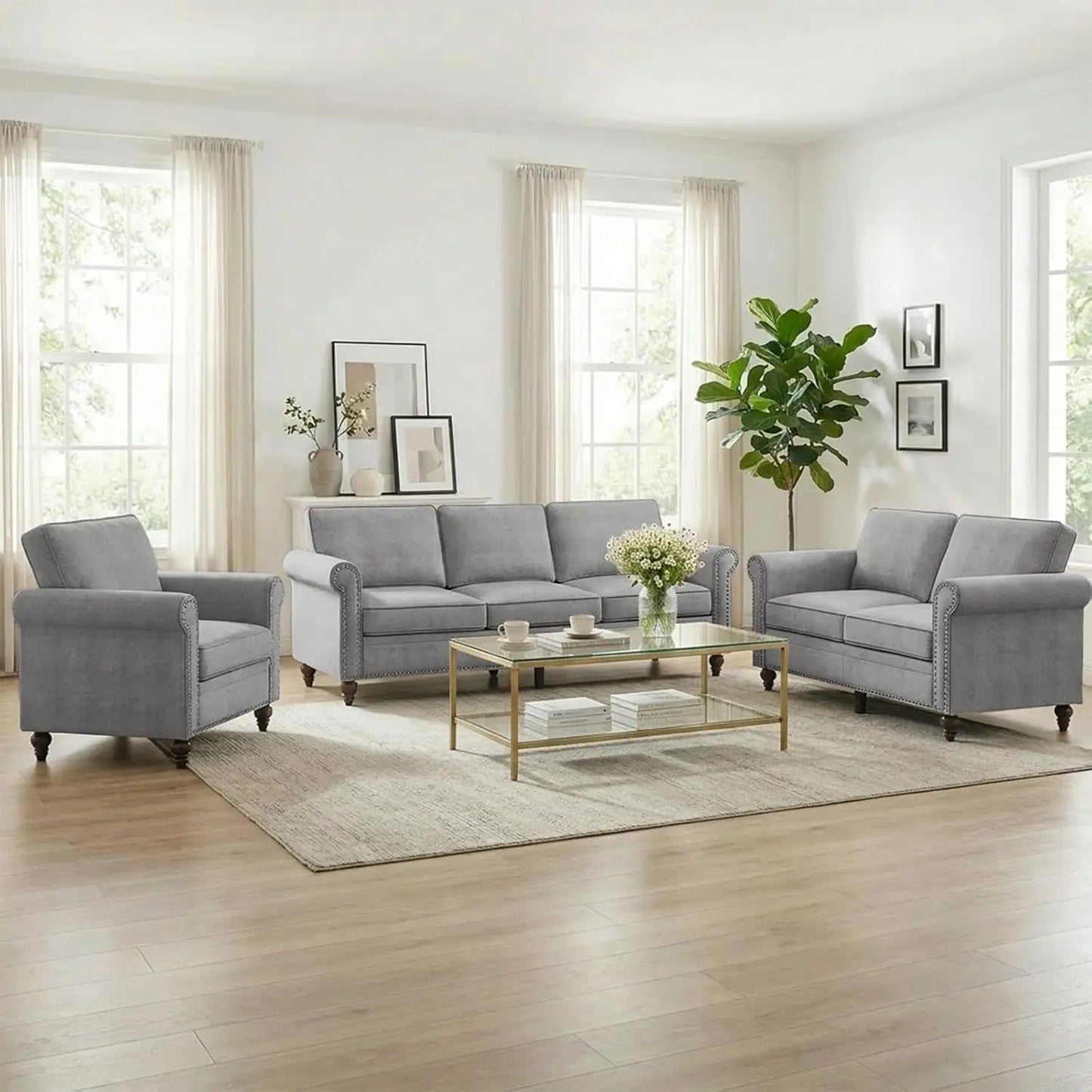 3 Piece Living Room Sofa Set, Linen Fabric Couch Set with Nailhead Trim, Modern Upholstered 6 Seat Sectional Sofa, Customized