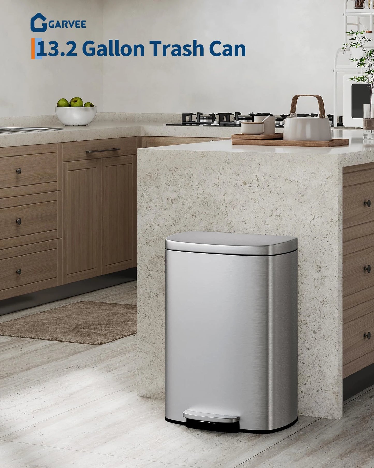 Durable Step-On Kitchen Trash Can Combo Set 50L+10L Stainless Steel Garbage Bins w/Removable Inner Buckets for Kitchen Bathroom