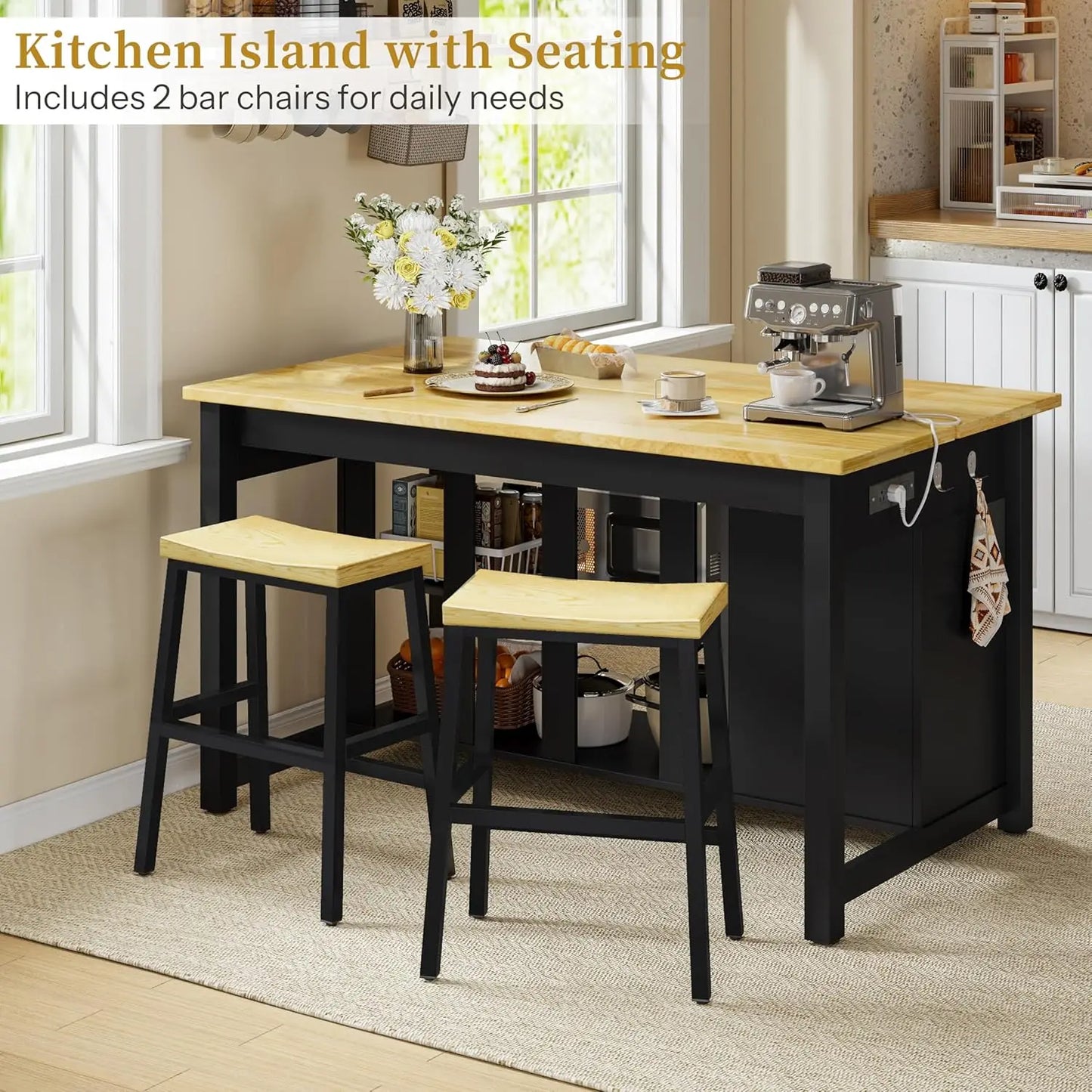 Kitchen Island with Storage and Seating Include 2 Bar Stools, 47" Solid Rubberwood Top Kitchen Island with Trash Can, Custom