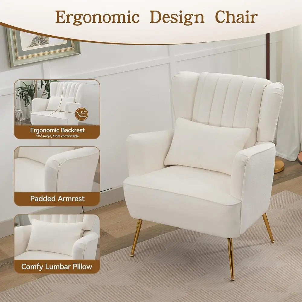 Mid-Century Modern White Wingback Armchair with Pillow And Gold Legs 8.5 Inch Cushion for Living Room Bedroom，Customized